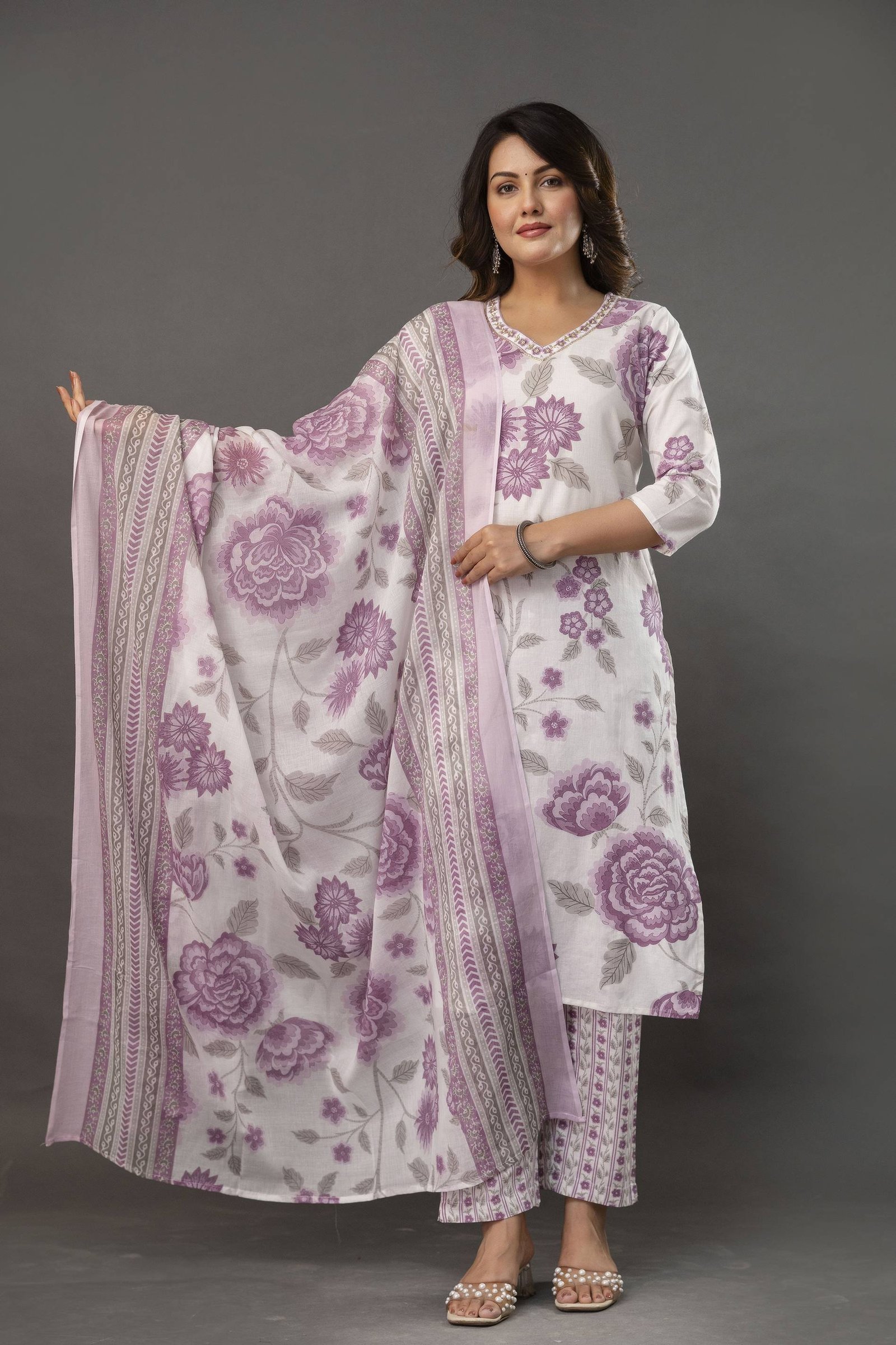 White puple elegant print 3 pcs set