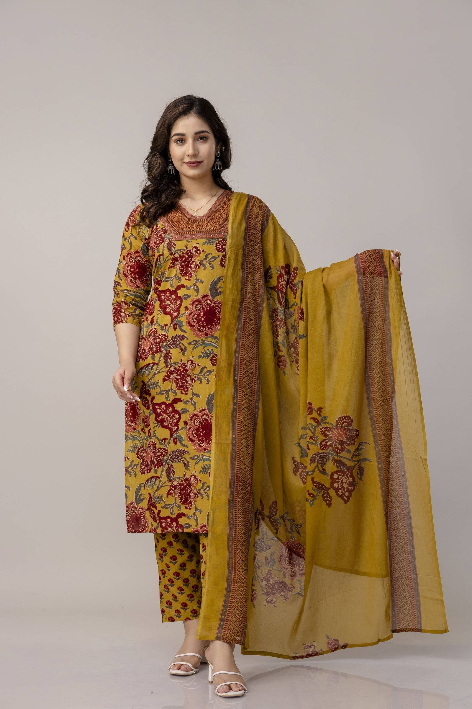 Mustard yellow border neck 3 pcs suit set