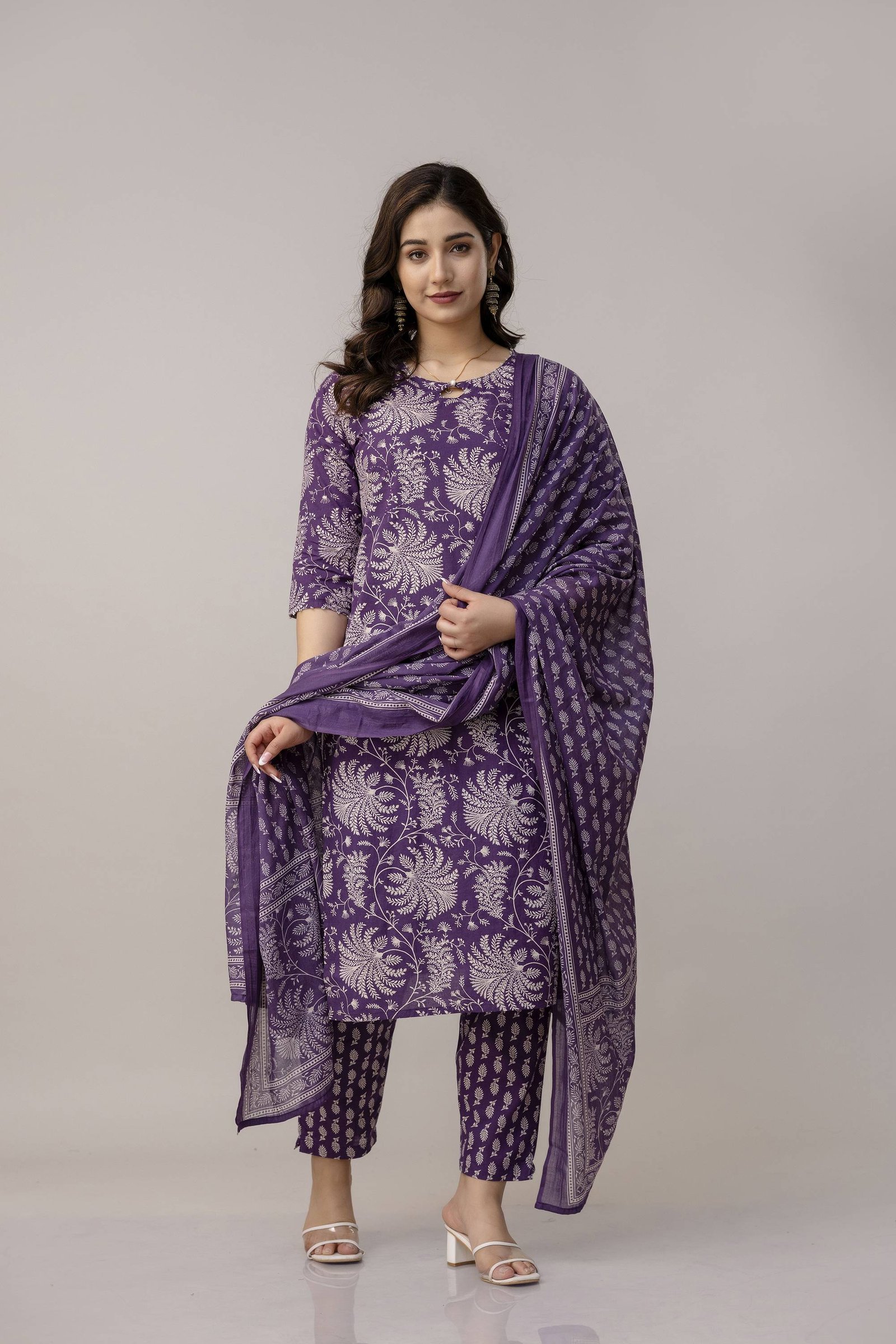 Purple discharge print 3 pcs suit