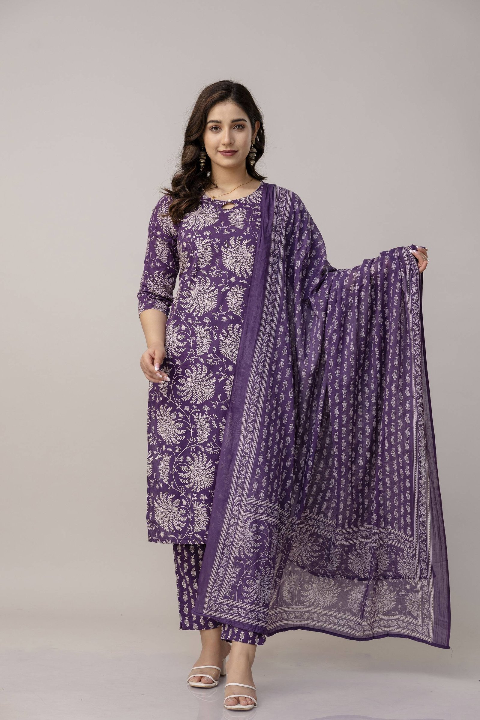 Purple discharge print 3 pcs suit