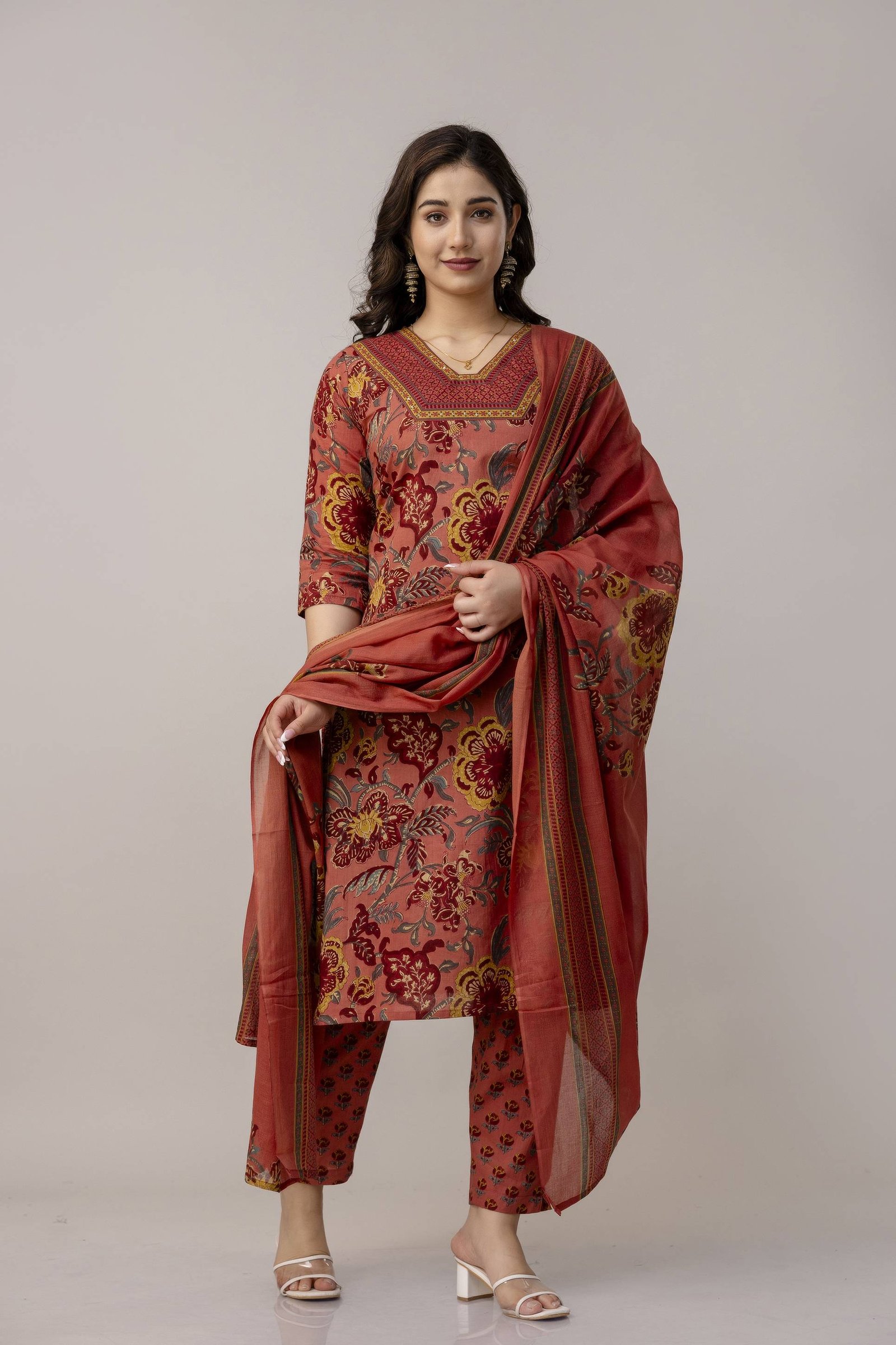 Rust colour bada border neck 3 pcs suit set