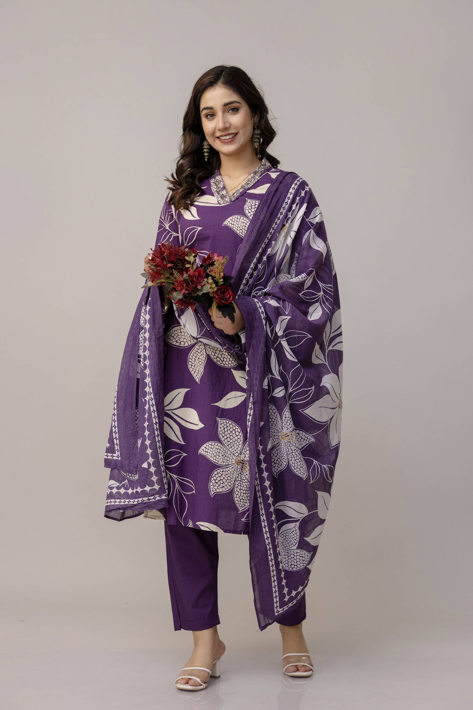 PURPLE WHITE BADA BUTA HANDWORK V-NECK SUIT