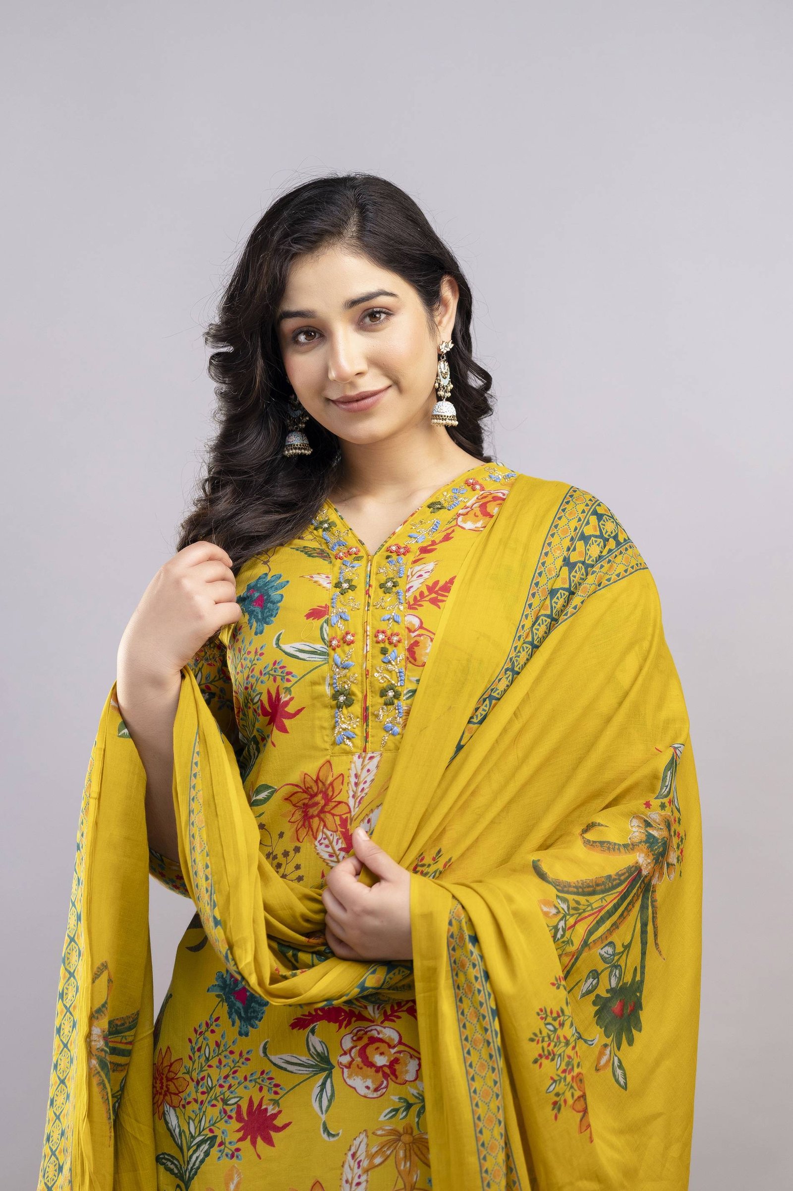 YELLOW MULTI V-NECK EMBROIDERED KURTI 3 PCS SET