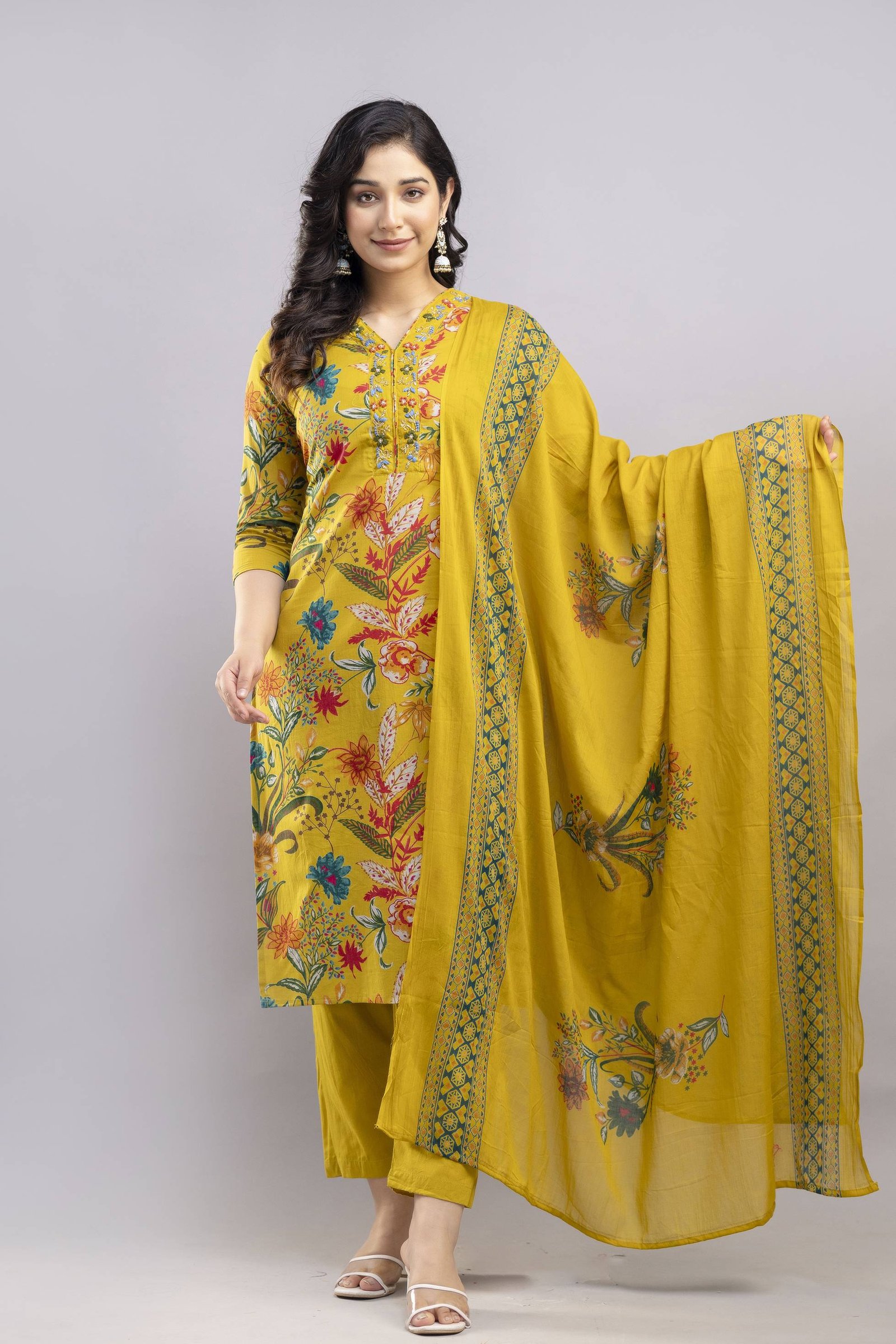 YELLOW MULTI V-NECK EMBROIDERED KURTI 3 PCS SET
