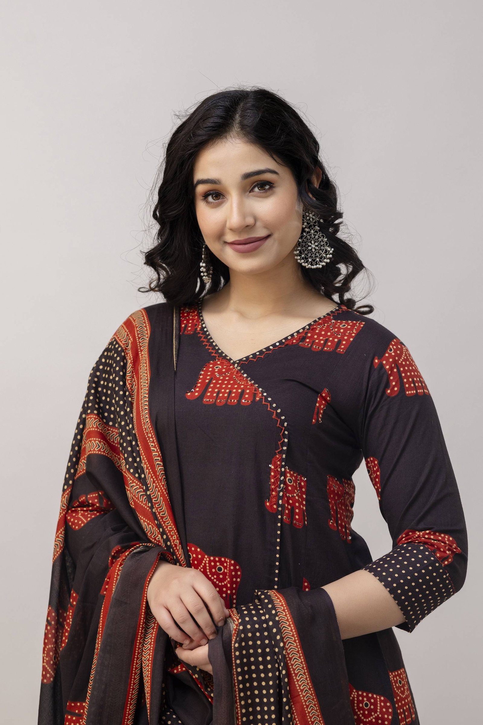 BLACK HATHI TRADITIONAL PRINT KURTI ANGRAKHA 3 PCS SET